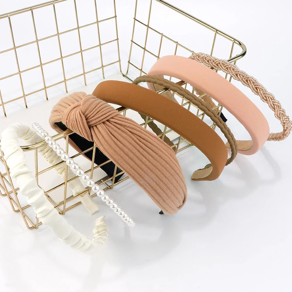 7 Pack Headbands for Women Girls Headbands Trendy Brown Knotted Solid Head Bands Pearl Headband Non Slip Hairbands Cute Hair Accessories Multi-Style Headband Pack