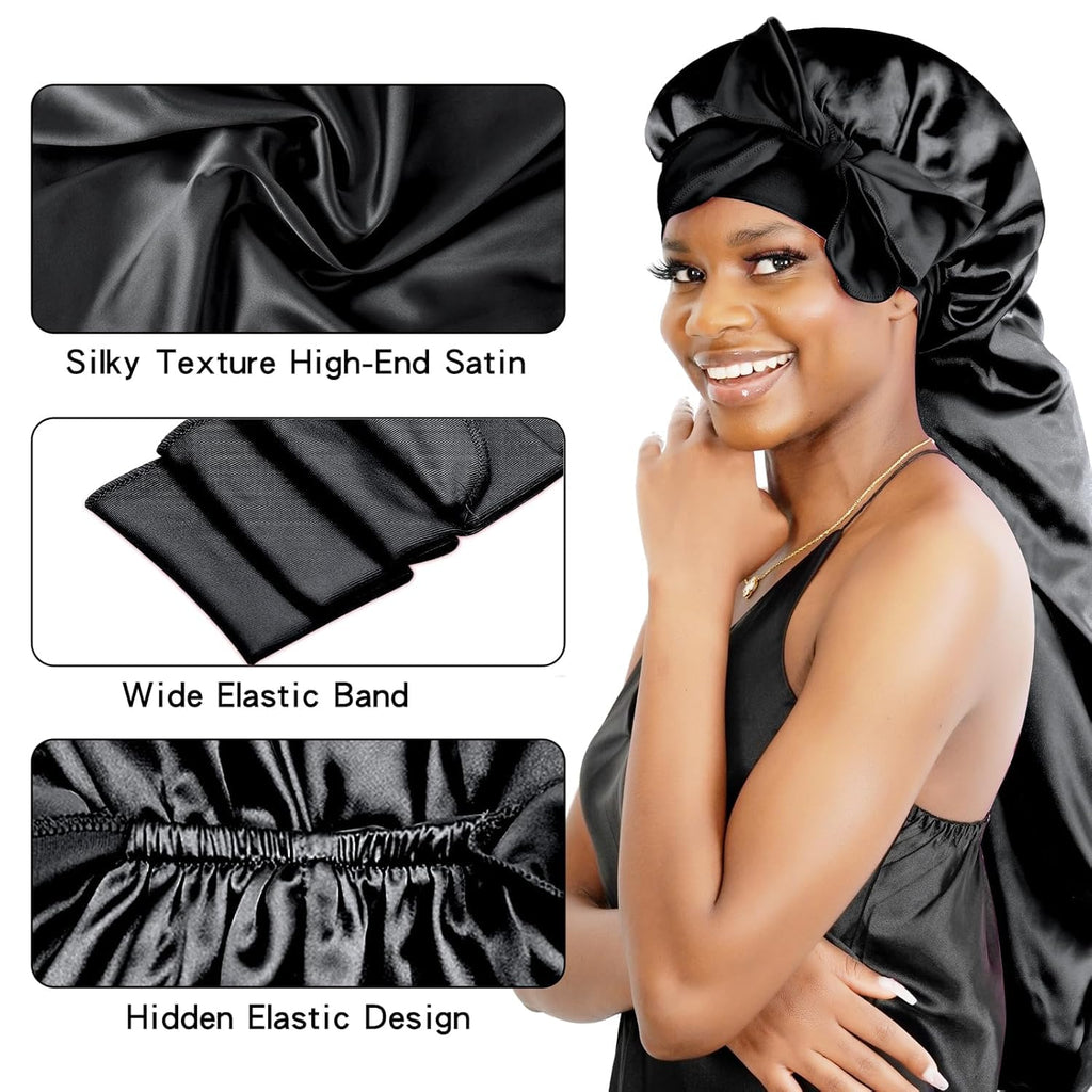 Braid Bonnet Silk Bonnet Foldable Extra Long Wrap for Braids Satin Bonnets with Tie Band Long Sleep Cap, Black