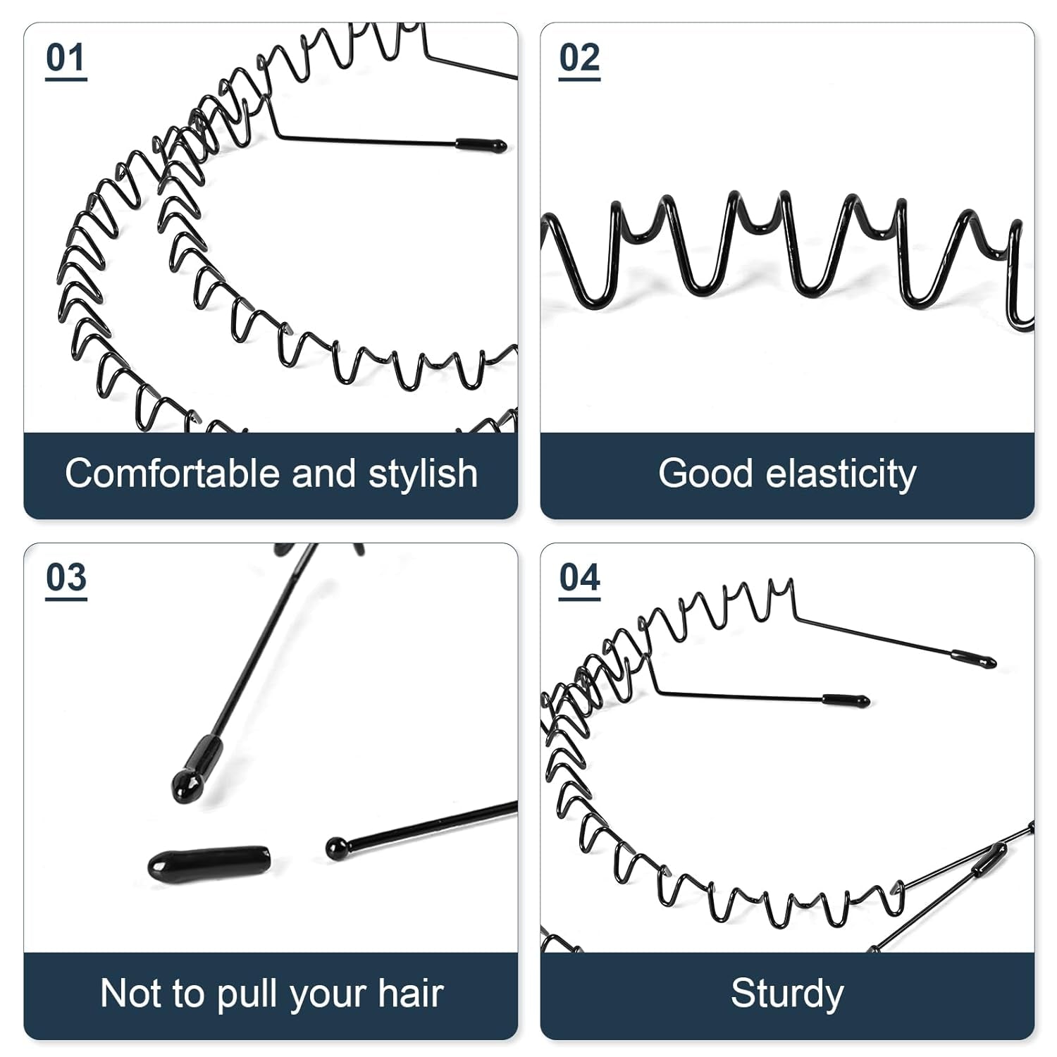 2Pcs Metal Head Bands for Women'S Hair, Spring Wave Non Slip Mens Head Band, Unisex Black Simple Fashion Hair Bands, Outdoor Sports Hair Hoop