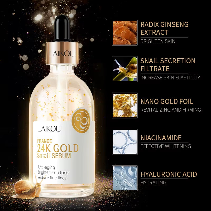100Ml 24K Gold Snail Serum Brightening Skin Tone Hyaluronic Acid Moisturizing Essence anti Wrinkle Whiten Gold Skin Care