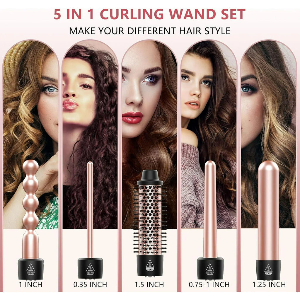 5 in 1 Curling Wand Set, Adjustable Temperature Hair Curler Kit with Heated round Brush & Bubble Curling Wand, Curling Iron Set Waver Crimper Hair Tool Gift for Women