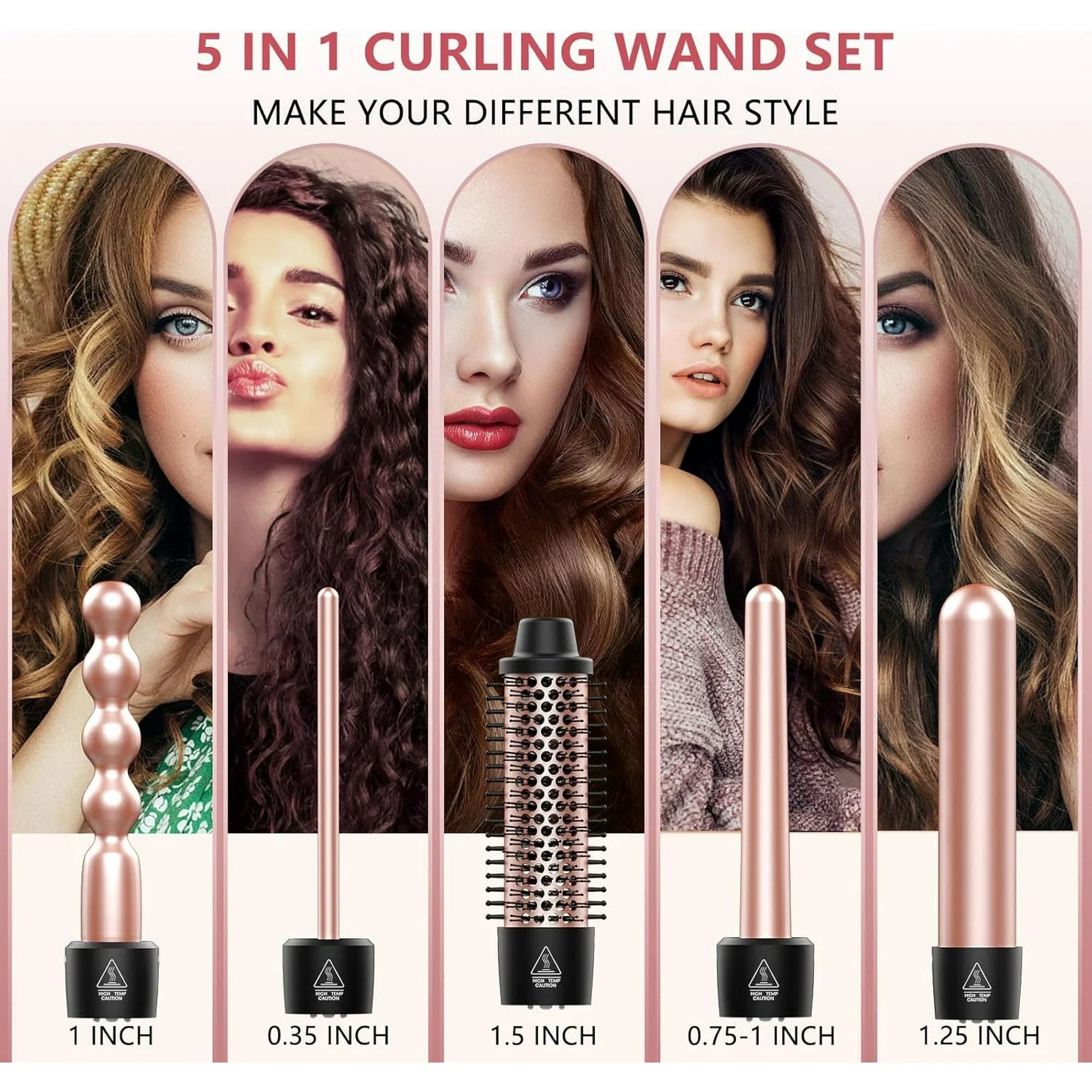 5 in 1 Curling Wand Set, Adjustable Temperature Hair Curler Kit with Heated round Brush & Bubble Curling Wand, Curling Iron Set Waver Crimper Hair Tool Gift for Women