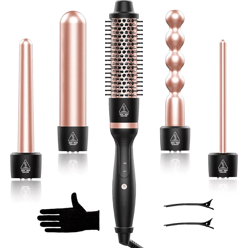 5 in 1 Curling Wand Set, Adjustable Temperature Hair Curler Kit with Heated round Brush & Bubble Curling Wand, Curling Iron Set Waver Crimper Hair Tool Gift for Women