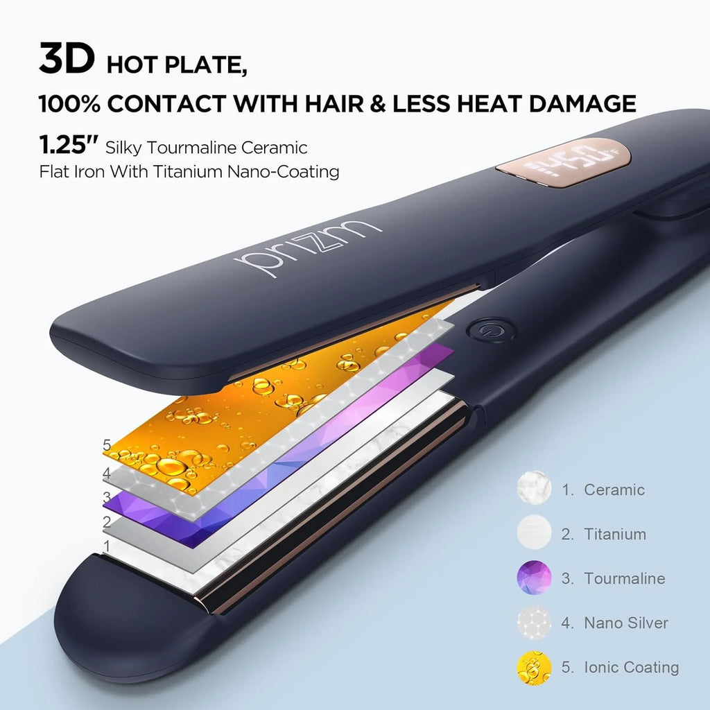 Flat Iron for Hair,  1.25 Inch Ionic Ceramic Straightening and Culer with LCD Display, Dual Voltage, 15S Heat Up, Prussian Blue