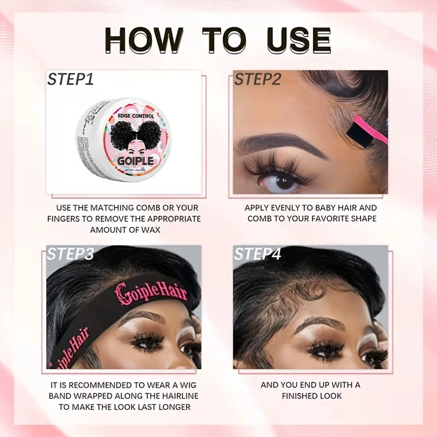 GOIPLE Edge Control Wax Set Edge Gel for Long Lasting Hold All Baby Hairs Pomade for Tame Flyaways Hair Elastic Band Comb 4Pcs