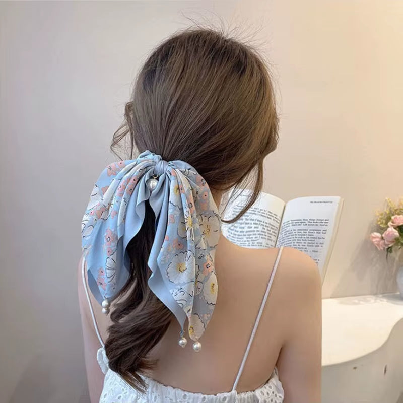 New Women Bow Hair Ropechiffon Floral Print Sweet Elastic Hair Band Ponytail Holder Gum for Hair Ties Hair Accessories