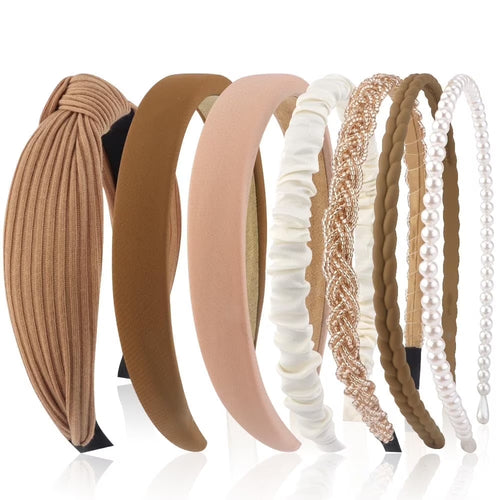 7 Pack Headbands for Women Girls Headbands Trendy Brown Knotted Solid Head Bands Pearl Headband Non Slip Hairbands Cute Hair Accessories Multi-Style Headband Pack