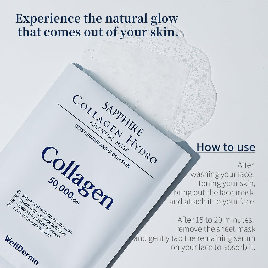 Sapphire Collagen Hydro Essential Mask, 10 Sheets – Moisturizing & Soothing Sheet Mask with Collagen & Ceramide, 1.01 Fl.Oz (30Ml) X 10Ea