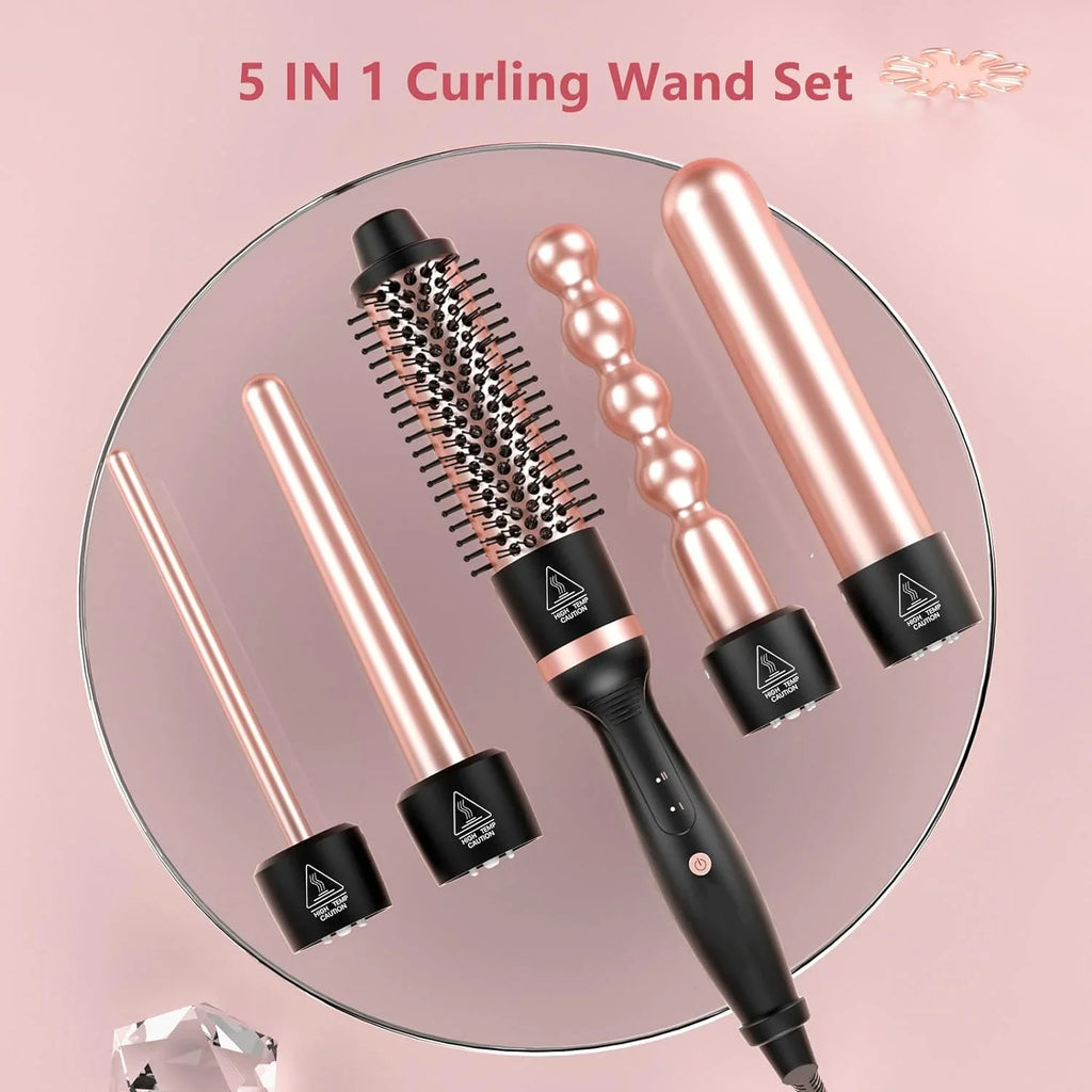 5 in 1 Curling Wand Set, Adjustable Temperature Hair Curler Kit with Heated round Brush & Bubble Curling Wand, Curling Iron Set Waver Crimper Hair Tool Gift for Women