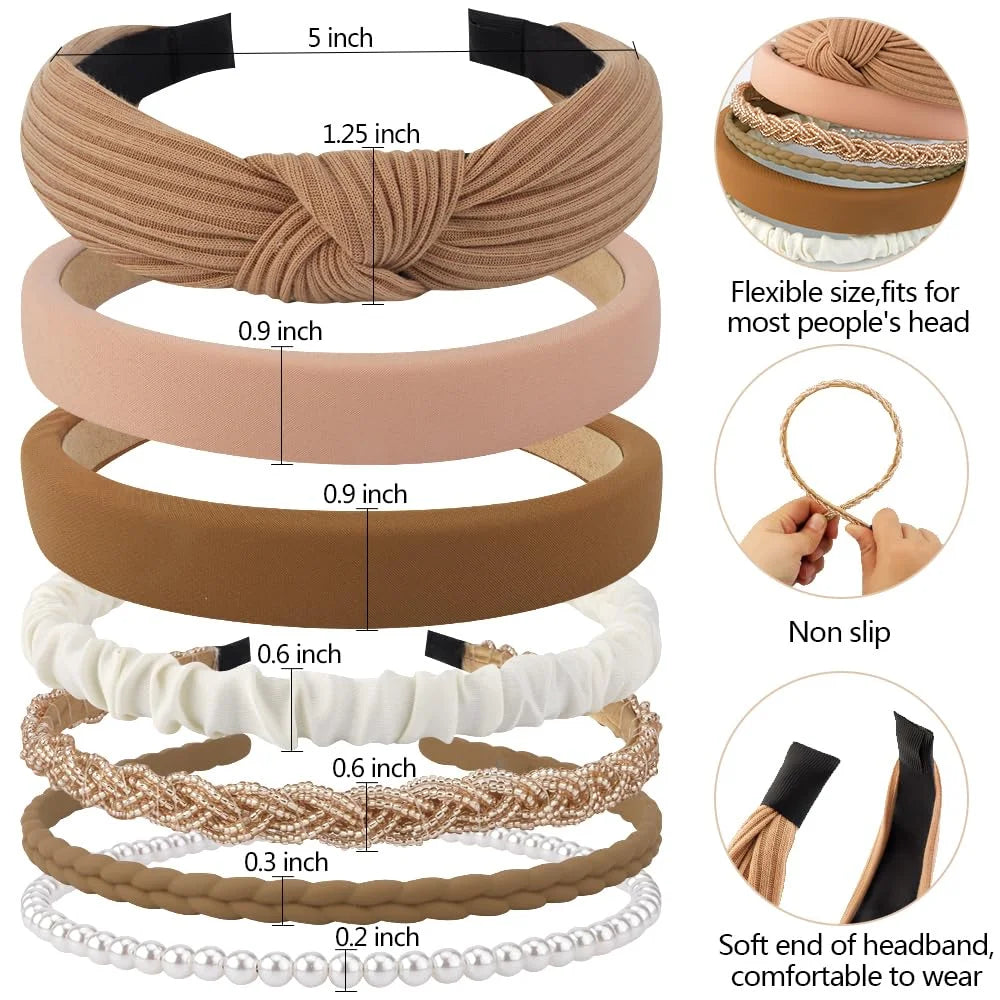 7 Pack Headbands for Women Girls Headbands Trendy Brown Knotted Solid Head Bands Pearl Headband Non Slip Hairbands Cute Hair Accessories Multi-Style Headband Pack