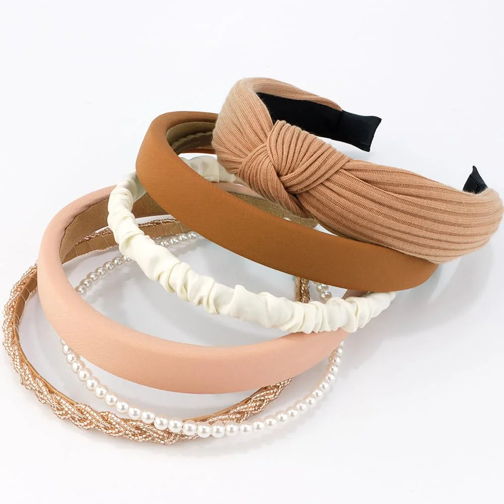 7 Pack Headbands for Women Girls Headbands Trendy Brown Knotted Solid Head Bands Pearl Headband Non Slip Hairbands Cute Hair Accessories Multi-Style Headband Pack