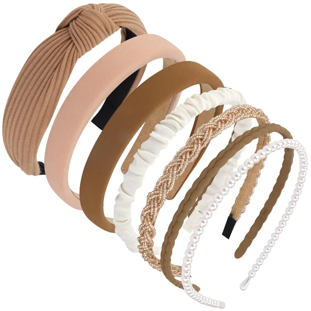 7 Pack Headbands for Women Girls Headbands Trendy Brown Knotted Solid Head Bands Pearl Headband Non Slip Hairbands Cute Hair Accessories Multi-Style Headband Pack