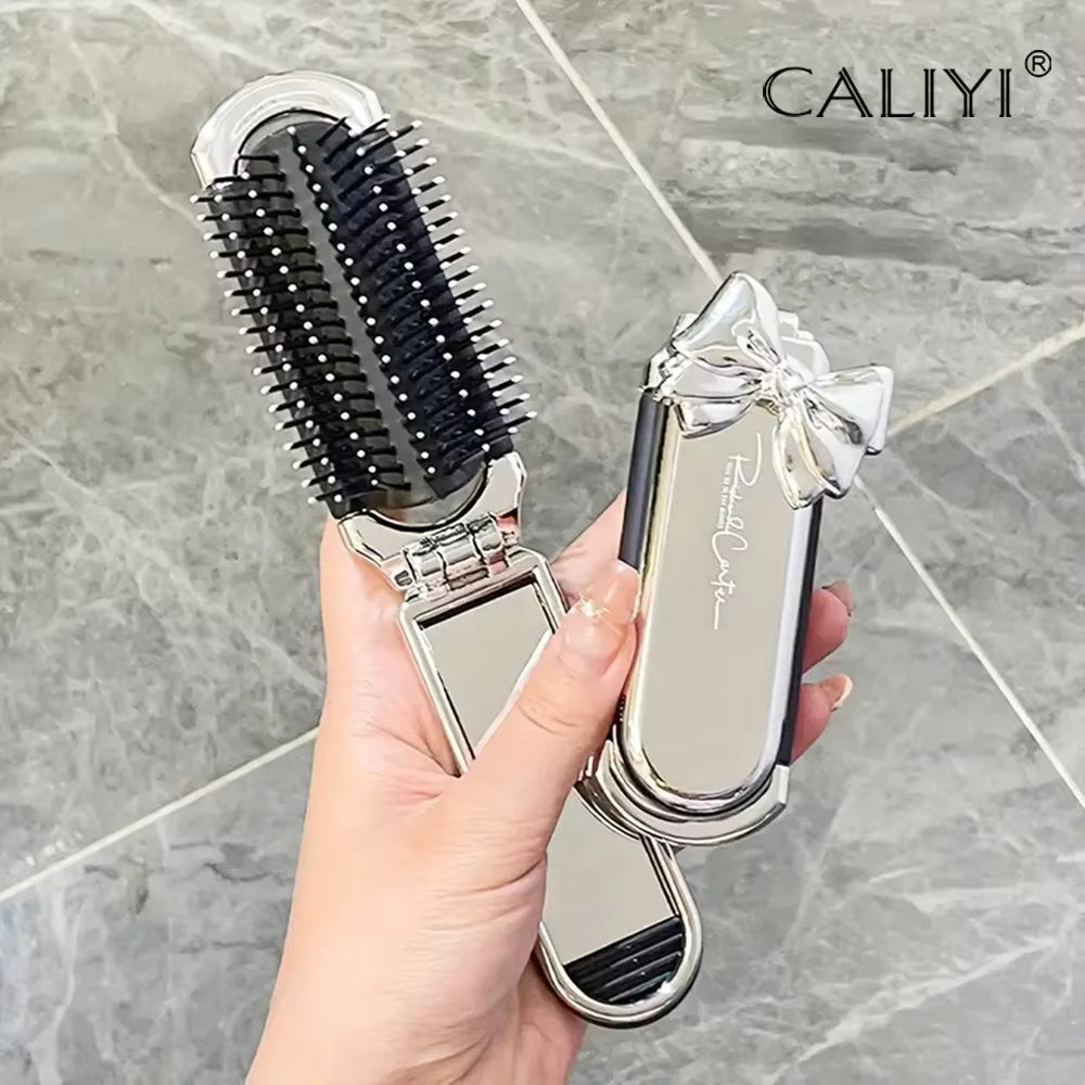 CALIYI 1PCS Folding Mini Pocket Hair Comb with Mirror Portable Massage Comb Brush for Salon Travel Outdoor Makeup Styling Tools