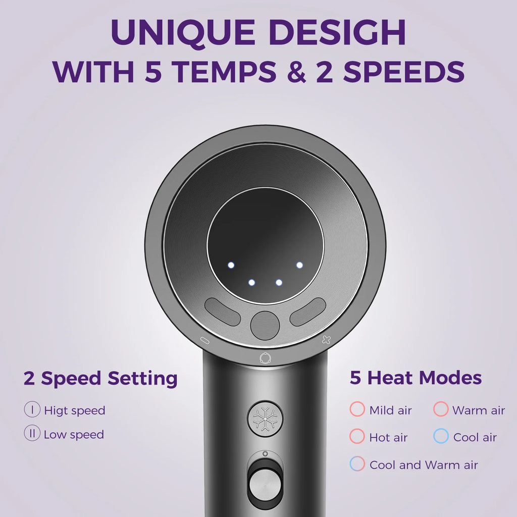 Hair Dryer , High Speed Professional Ionic Blow Dryer with Magnetic Nozzle, Gray