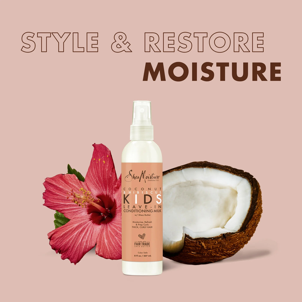 Shea Moisture Kids Extra Moisturizing Leave-In Conditioner Detangler Frizz Control Curly Hair Coconut & Hibiscus, 8 Oz Spray Bottle