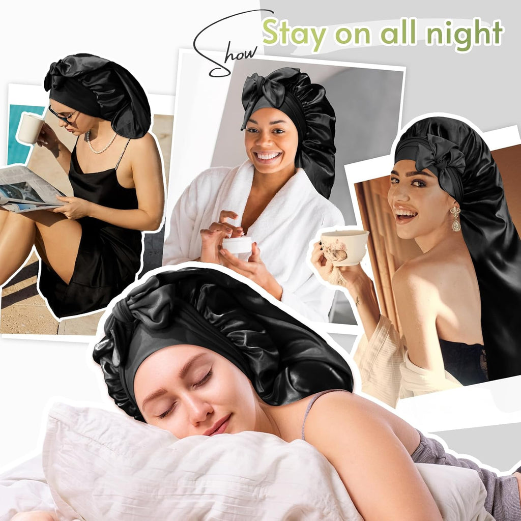 Braid Bonnet Silk Bonnet Foldable Extra Long Wrap for Braids Satin Bonnets with Tie Band Long Sleep Cap, Black
