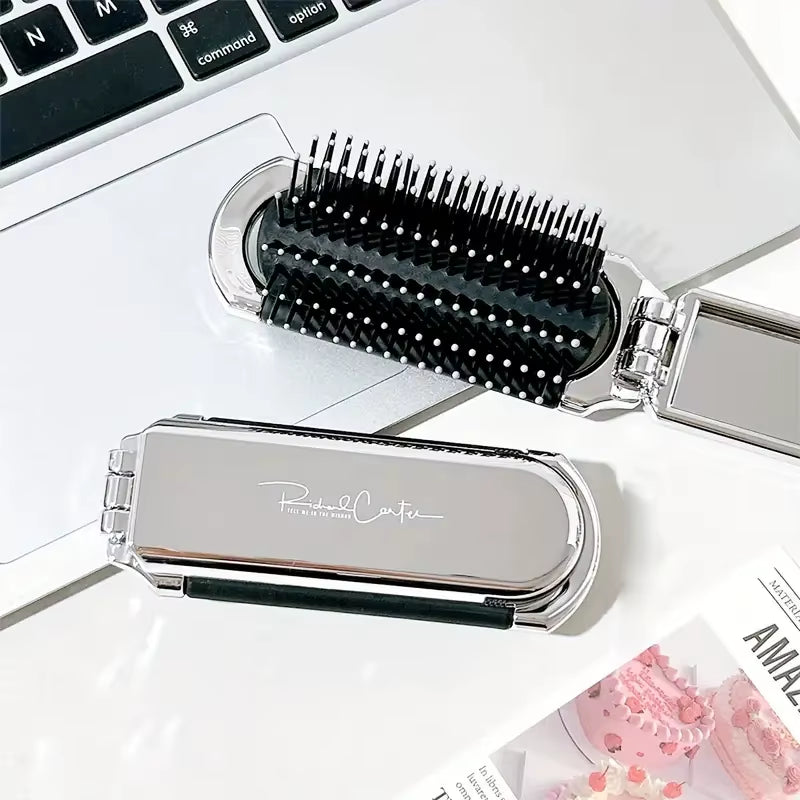 CALIYI 1PCS Folding Mini Pocket Hair Comb with Mirror Portable Massage Comb Brush for Salon Travel Outdoor Makeup Styling Tools