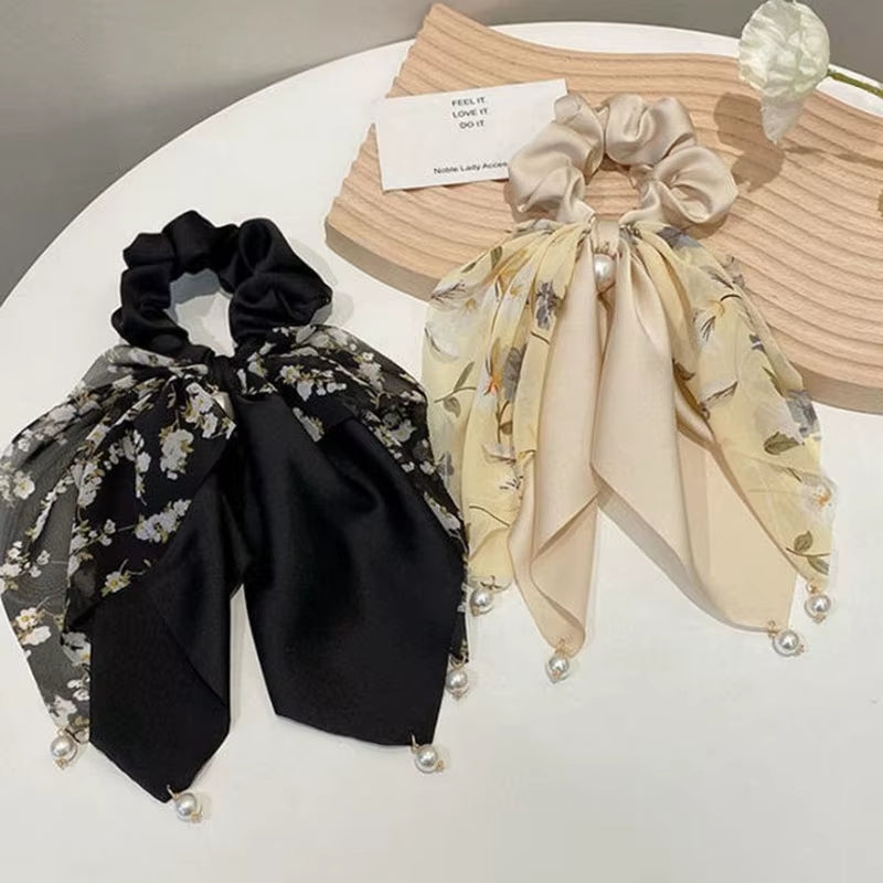 New Women Bow Hair Ropechiffon Floral Print Sweet Elastic Hair Band Ponytail Holder Gum for Hair Ties Hair Accessories